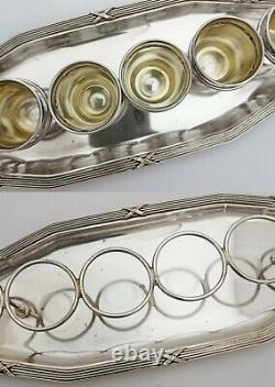 French Sterling Silver Small Liquor Cups, Vodka Shots with Silver Plated Tray