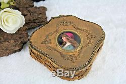 French antique Louis XVI Jewelry trinket box porcelain miniature lady limoges