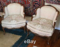 Gorgeous Pair French Carved French Louis XV Bergere Lounge Club Chairs C1920s