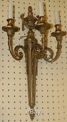 Gorgeous Pair Heavy Solid Brass French Empire Louis XVI Sconces