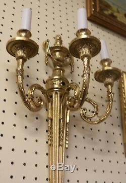 Gorgeous Pair Heavy Solid Brass French Empire Louis XVI Sconces