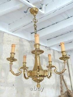 Gorgeous Vintage French 5 Arms Gilded Brass Chandelier Ceiling Bronze Louis XVI