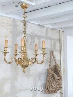 Gorgeous Vintage French 5 Arms Gilded Brass Chandelier Ceiling Bronze Louis XVI