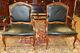 Great Pair Black Leather Carved Walnut Louis Xv French Arm Chairs C1940s