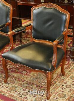 Great Pair Black Leather Carved Walnut Louis XV French Arm Chairs C1940s