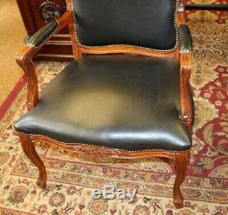 Great Pair Black Leather Carved Walnut Louis XV French Arm Chairs C1940s