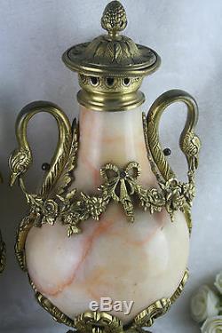 HUGE PAIR XL french onyx marble Swan louis XVI bronze ornament urns vases 1920
