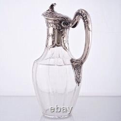 Henin 19c Antique French Sterling Silver & Crystal Wine Decanter Jug Ewer Bottle