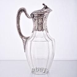 Henin 19c Antique French Sterling Silver & Crystal Wine Decanter Jug Ewer Bottle