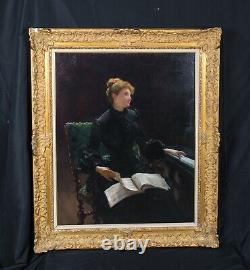 Huge 19th Century French Impressionist Piano Lesson Lady Portrait Louis TRIBOUT
