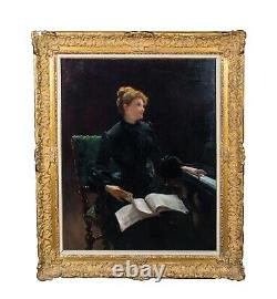 Huge 19th Century French Impressionist Piano Lesson Lady Portrait Louis TRIBOUT