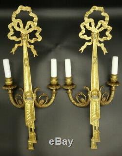 Imposing Pair Of Sconces, Knots Decor, Louis XVI Style Bronze French Antique