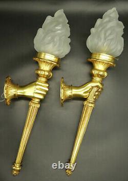 Imposing Pair Of Torch Sconces Louis XVI Style Hands Bronze French Antique