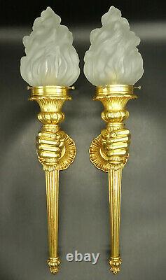 Imposing Pair Of Torch Sconces Louis XVI Style Hands Bronze French Antique
