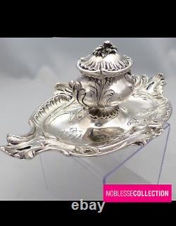 LUXURIOUS ANTIQUE 1880s FRENCH STERLING SILVER DESK INKWELL Louis XV st