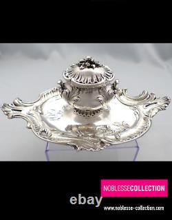 LUXURIOUS ANTIQUE 1880s FRENCH STERLING SILVER DESK INKWELL Louis XV st