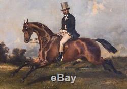 Large 19th Century French Gentleman & Horse Portrait Hunting Louis HEYRAULT