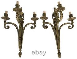 Large 20.5 Pair Antique French Louis XVI Empire Brass Bronze 3-Arm Wall Sconces