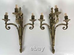 Large 20.5 Pair Antique French Louis XVI Empire Brass Bronze 3-Arm Wall Sconces