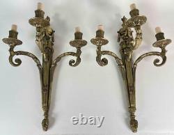 Large 20.5 Pair Antique French Louis XVI Empire Brass Bronze 3-Arm Wall Sconces