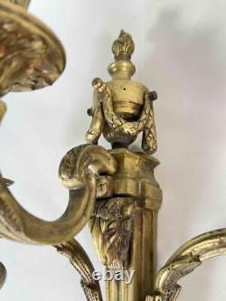 Large 20.5 Pair Antique French Louis XVI Empire Brass Bronze 3-Arm Wall Sconces