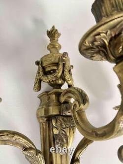 Large 20.5 Pair Antique French Louis XVI Empire Brass Bronze 3-Arm Wall Sconces