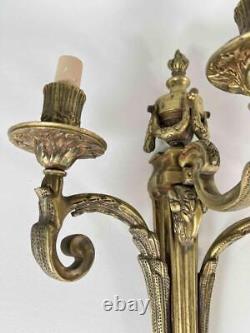 Large 20.5 Pair Antique French Louis XVI Empire Brass Bronze 3-Arm Wall Sconces