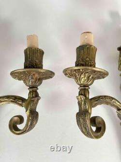 Large 20.5 Pair Antique French Louis XVI Empire Brass Bronze 3-Arm Wall Sconces