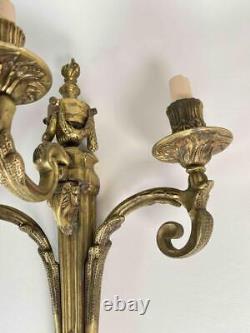 Large 20.5 Pair Antique French Louis XVI Empire Brass Bronze 3-Arm Wall Sconces