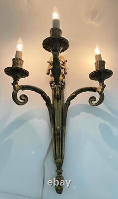 Large 20.5 Pair Antique French Louis XVI Empire Brass Bronze 3-Arm Wall Sconces