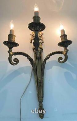 Large 20.5 Pair Antique French Louis XVI Empire Brass Bronze 3-Arm Wall Sconces