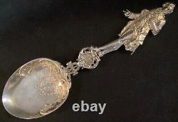 Large Antique 10 3/4 Serving Spoon Figural Handle Louis XV French King Hanau