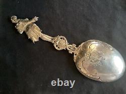 Large Antique 10 3/4 Serving Spoon Figural Handle Louis XV French King Hanau