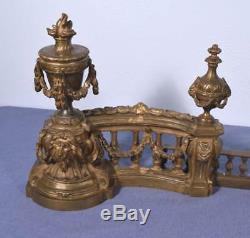 Large Antique French Louis XVI Bronze Chenet Andirons Fireplace Set withLions