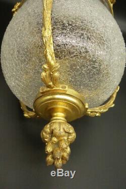 Large Lantern Stamped, Louis XV Style End 19th Bronze & Glass French Antique
