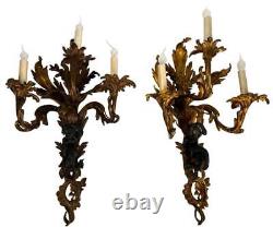 Large Pair Antique French Louis XV Rococo Sea Nymph Gilt Bronze Ormolu Sconces