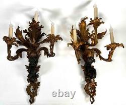 Large Pair Antique French Louis XV Rococo Sea Nymph Gilt Bronze Ormolu Sconces