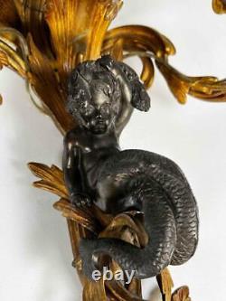 Large Pair Antique French Louis XV Rococo Sea Nymph Gilt Bronze Ormolu Sconces