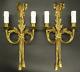 Large Pair Of Sconces, Hunting Horns, Louis Xvi Style Bronze French Antique