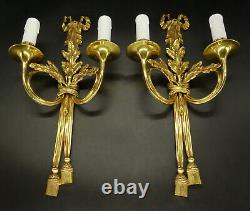 Large Pair Of Sconces, Hunting Horns, Louis XVI Style Bronze French Antique