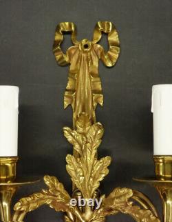 Large Pair Of Sconces, Hunting Horns, Louis XVI Style Bronze French Antique