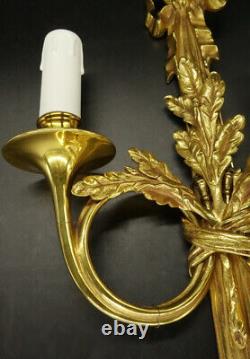 Large Pair Of Sconces, Hunting Horns, Louis XVI Style Bronze French Antique