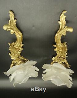 Large Pair Of Sconces, Louis XV Style End 19th Bronze & Glass French Antique