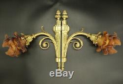 Large Pair Of Sconces, Louis XVI Style, 1900 Bronze & Glass French Antique