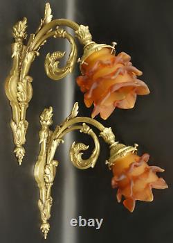 Large Pair Of Sconces Louis XVI Style Bronze & Amber Tulip French Antique