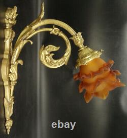 Large Pair Of Sconces Louis XVI Style Bronze & Amber Tulip French Antique