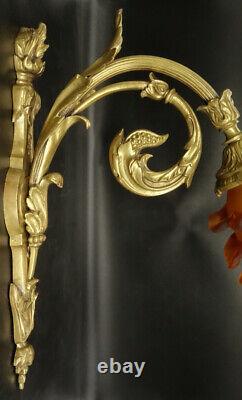 Large Pair Of Sconces Louis XVI Style Bronze & Amber Tulip French Antique