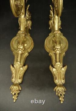 Large Pair Of Sconces Louis XVI Style Bronze & Amber Tulip French Antique