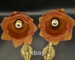 Large Pair Of Sconces Louis XVI Style Bronze & Amber Tulip French Antique