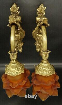 Large Pair Of Sconces Louis XVI Style Bronze & Amber Tulip French Antique